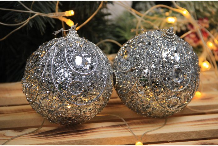 Новогодние шары на елку "Серебристый павлин" 10см 2шт